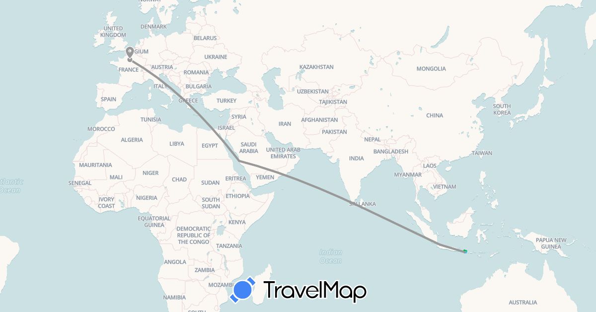 TravelMap itinerary: bus, plane, boat in France, Indonesia, Saudi Arabia (Asia, Europe)